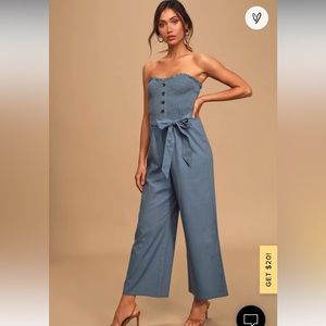 LULU’S Wide Leg Denim Blue Jumpsuit